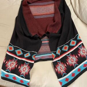 Black, Teal and Red Aztec Patterned Shawl Sweater Vest